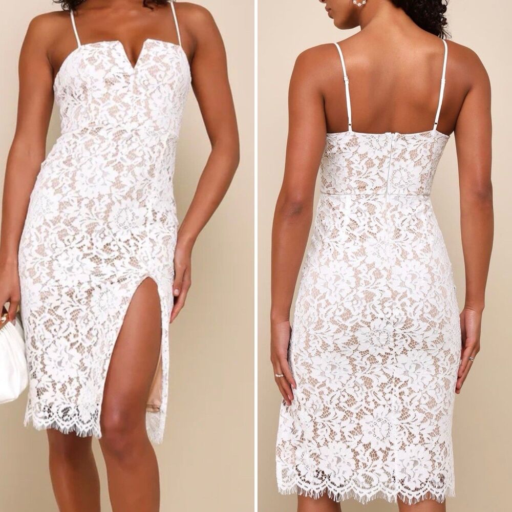 Lulus Allure White Crochet Lace Bodycon Midi Dress Women’s Small Wedding Guest